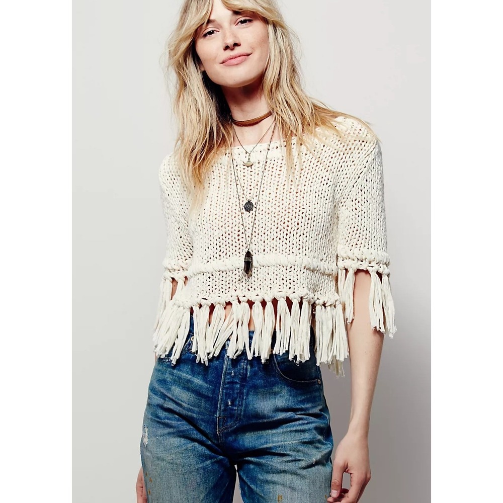 Free People Fringe Boho Resort Festival Cottage Chunky Knit Cream Top sz SP